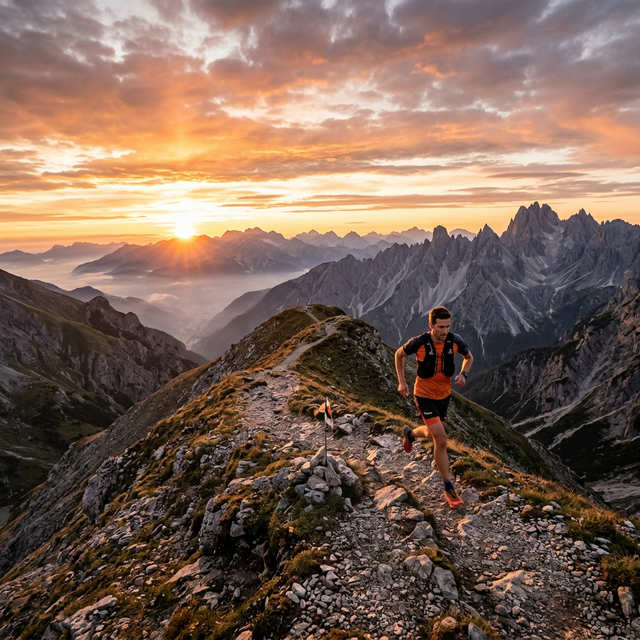 Coureuse d'ultra-trail en montagne au lever du soleil